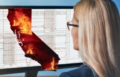 blond woman with eyeglasses seen from the back looking at computer screen showing california map and wildfires on part of screen and spreadsheet data on the other side